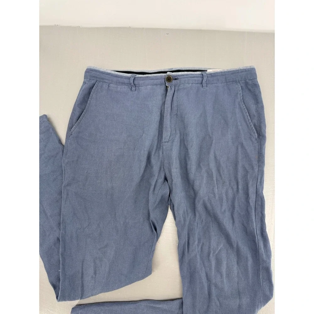 Springfield Mens Blue Linen‎ Blend Drawstring Chino Pants Straight Leg Casual L
